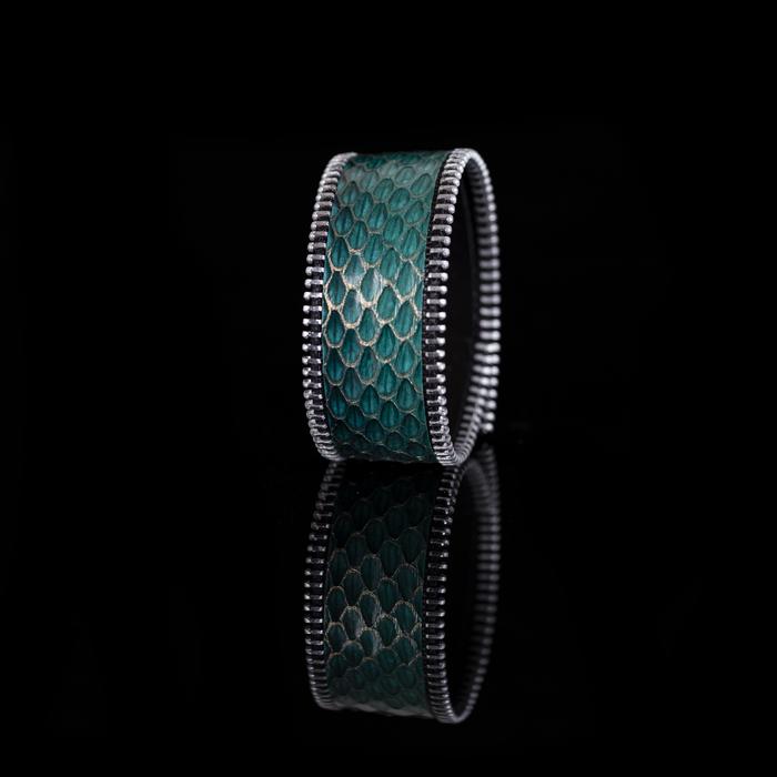 Turquoise python leather wide cuff bracelet with silver stitched edge detail, handmade exotic leather statement bracelet for women by THE DARK