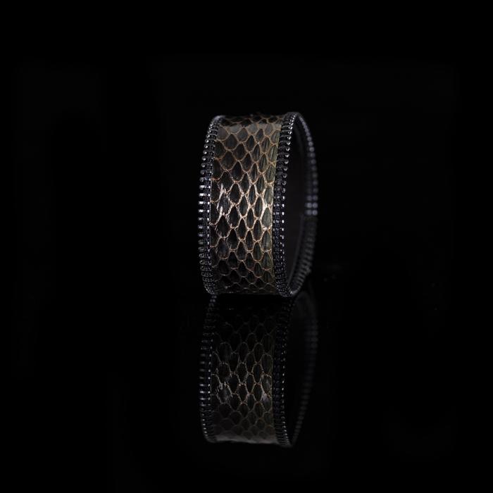 Smoky python leather wide cuff bracelet with gunmetal stitched edge detail, handmade exotic leather statement bracelet for women by THE DARK