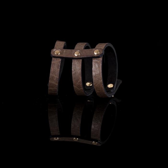 Triple strap brown leather cuff bracelet with gold rivets, handmade minimalist leather statement bracelet by THE DARK