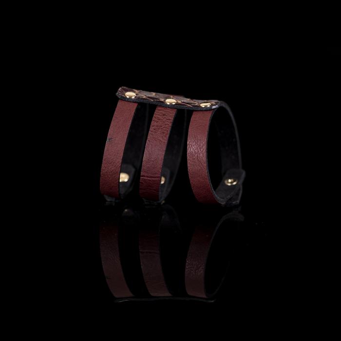 Triple strap brown leather cuff bracelet with python leather accent and gold rivets, handmade leather statement bracelet by THE DARK