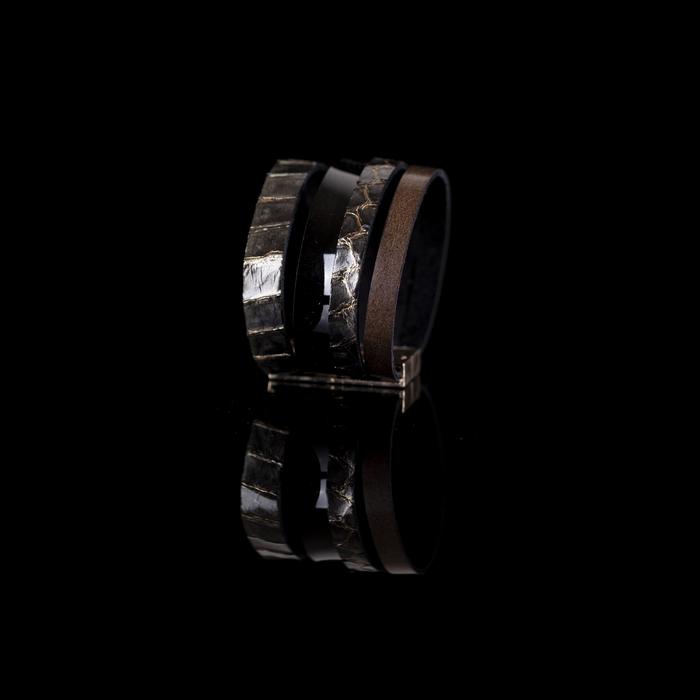Black python leather layered cuff bracelet with glossy black band, handmade exotic leather bracelet by THE DARK