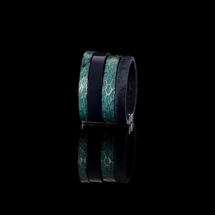 Green python leather cuff bracelet with glossy black center band, handmade exotic leather bracelet by THE DARK