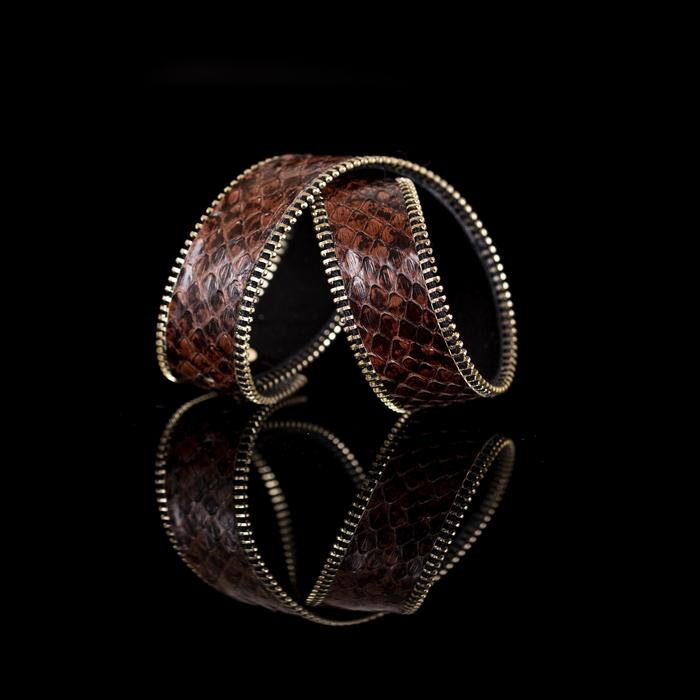 Brown python leather cuff bracelet with gold zipper edge detail, handmade exotic leather bracelet by THE DARK