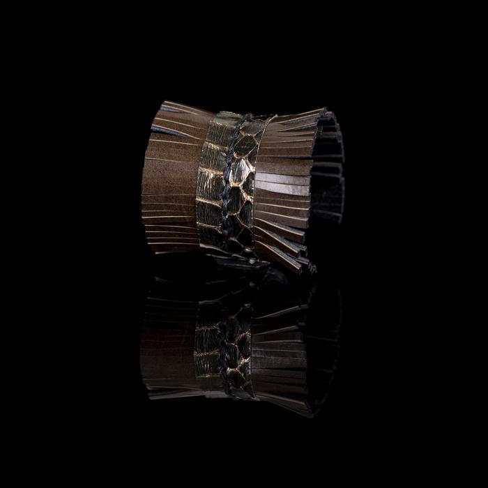 Handmade brown leather fringe cuff bracelet with python leather center strip, sculptural statement bracelet by THE DARK