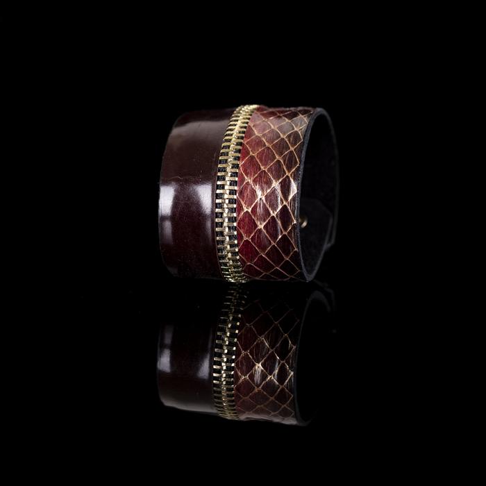Brown python leather cuff bracelet with gold zipper detail and dark brown leather band, handmade exotic leather bracelet by THE DARK