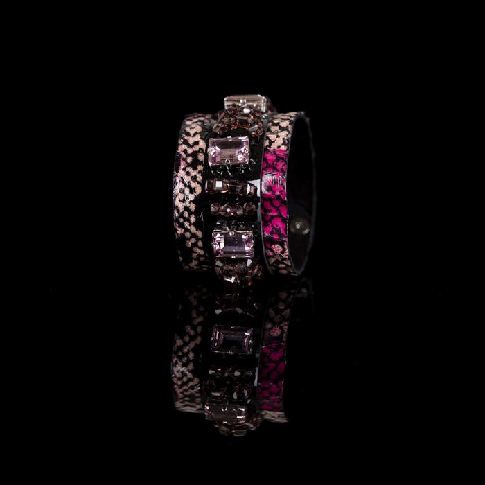 Python leather cuff bracelet with black center panel, fuchsia leather accent and pink rectangular crystals, handmade statement bracelet for women by THE DARK
