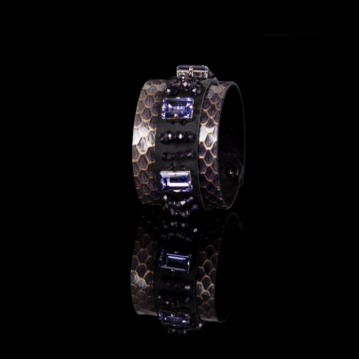 Python leather cuff bracelet with black leather center panel and purple rectangular crystals, handmade luxury statement bracelet for women by THE DARK