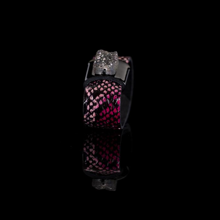 Pink python leather cuff bracelet with black leather band and dark druzy crystal centerpiece, handmade statement bracelet for women by THE DARK