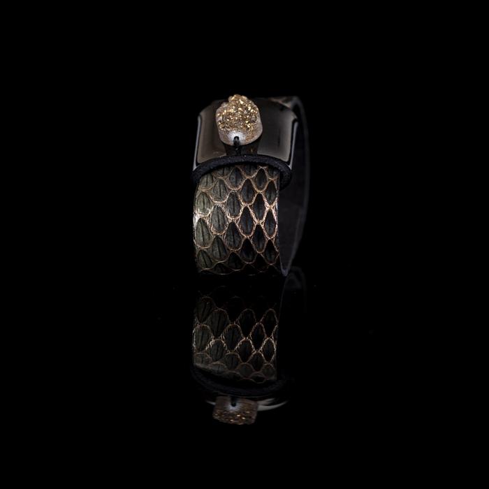 Gold python leather cuff bracelet with black leather band and golden druzy crystal centerpiece, handmade statement bracelet for women by THE DARK