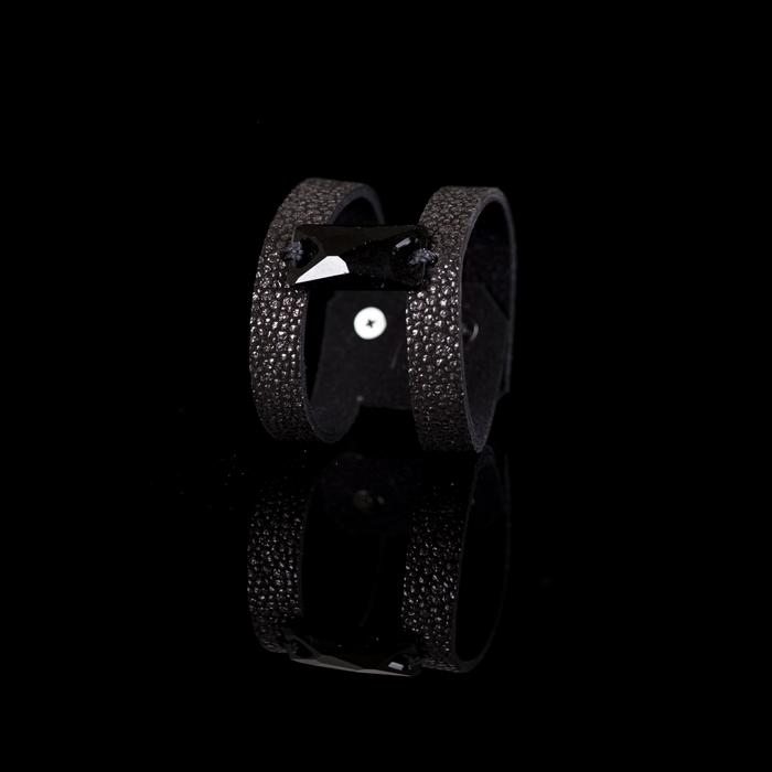 Black stingray leather double strap cuff bracelet with faceted black crystal centerpiece, handmade statement bracelet by THE DARK