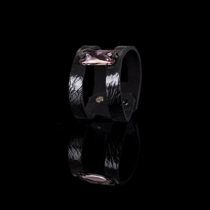 Black leather double strap cuff bracelet with rectangular pink crystal centerpiece, handmade statement bracelet by THE DARK