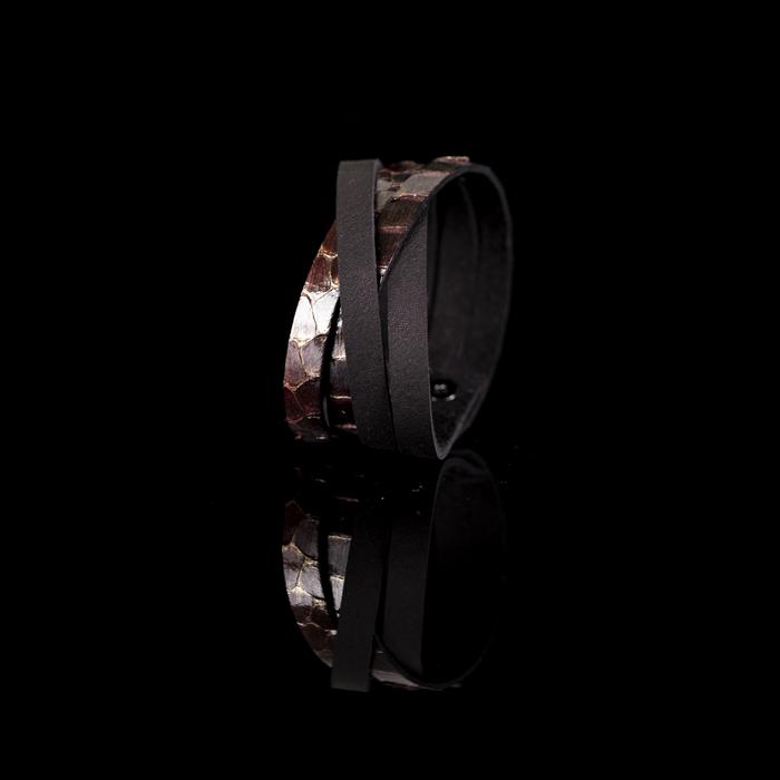 Layered brown python leather cuff bracelet with overlapping leather straps, handmade exotic leather statement bracelet by THE DARK