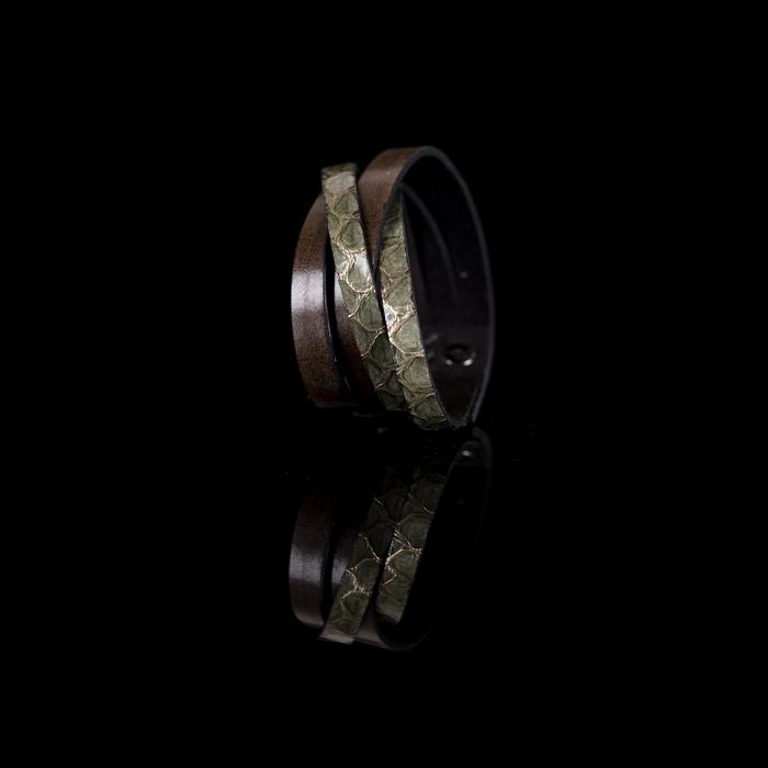 Layered olive python leather cuff bracelet with overlapping brown leather straps, handmade exotic leather statement bracelet by THE DARK