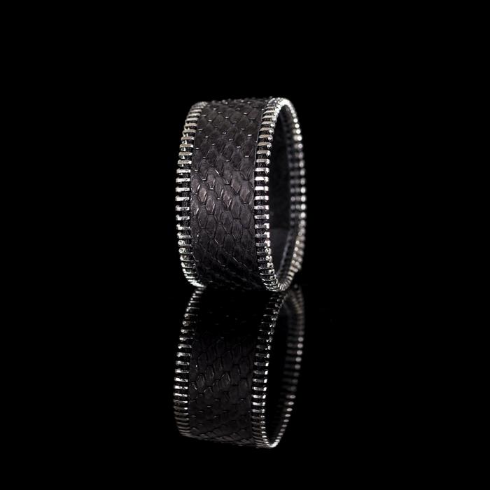 Brown python leather wide cuff bracelet with silver stitched edge detail, handmade exotic leather statement bracelet for women by THE DARK