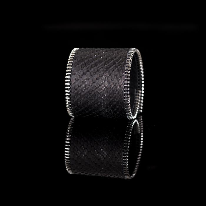Dark brown python leather wide cuff bracelet with silver stitched edge detail, handmade exotic leather statement bracelet for women by THE DARK