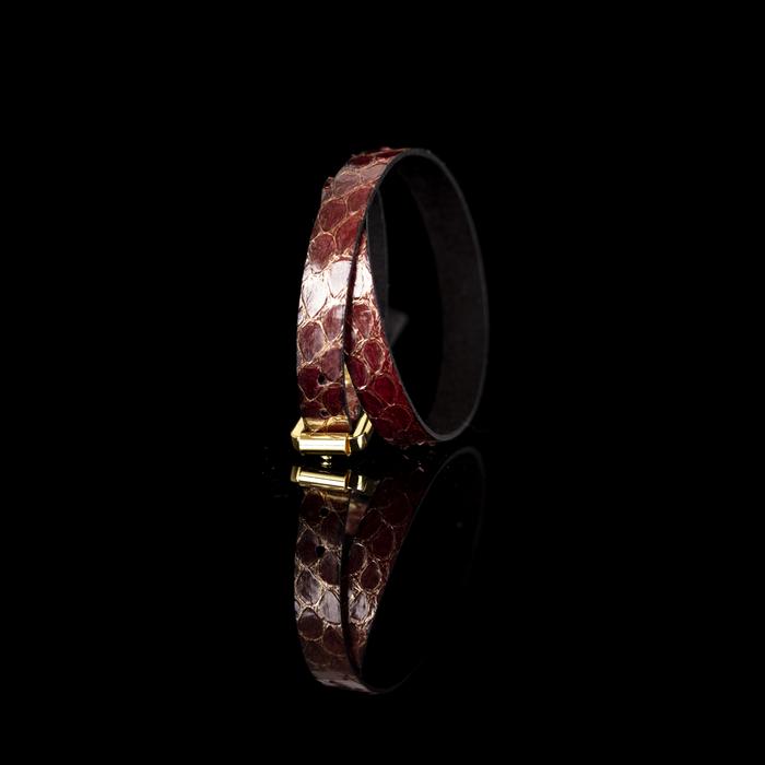 Burgundy python leather wrap bracelet with gold buckle closure, handmade exotic leather bracelet by THE DARK
