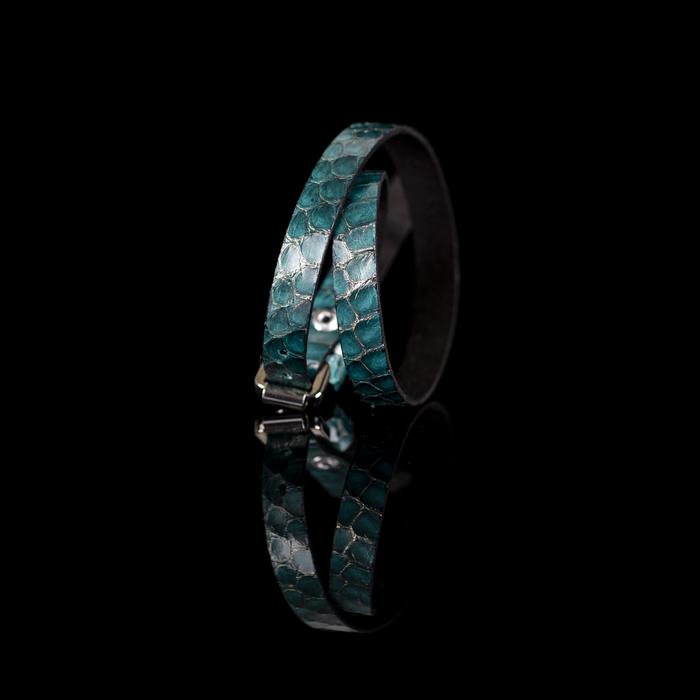 Turquoise python leather wrap bracelet with gold buckle closure, handmade exotic leather bracelet by THE DARK