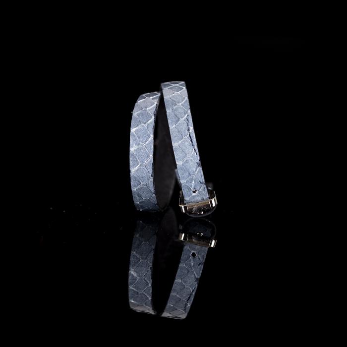 Silver python leather wrap bracelet with silver buckle closure, handmade exotic leather bracelet by THE DARK