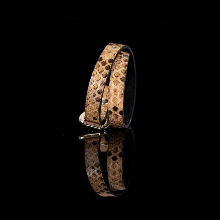 Golden python leather wrap bracelet with gold buckle closure, handmade exotic leather bracelet by THE DARK