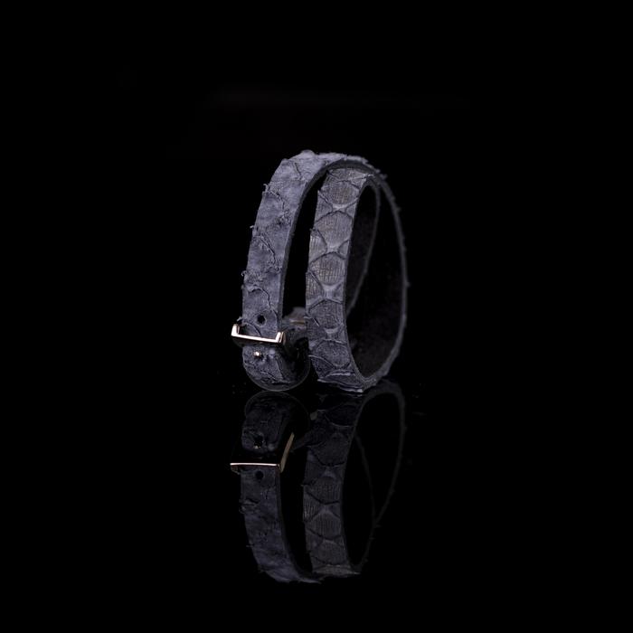 Black exotic textured leather wrap bracelet with gunmetal buckle closure, handmade statement bracelet by THE DARK