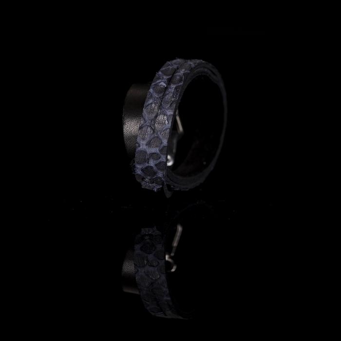 Black python leather slim bracelet with snap closure, handmade exotic leather bracelet by THE DARK