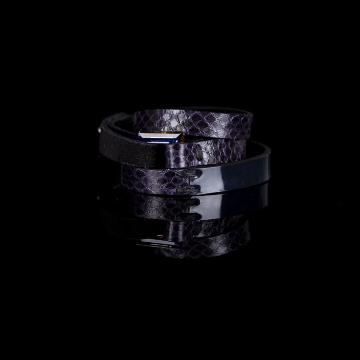 Purple python leather choker with layered wrap straps and rectangular crystal accents
