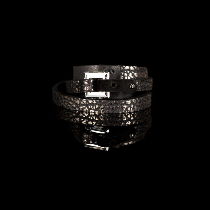 Black leather double wrap bracelet with metallic textured straps and silver buckle detail, handmade minimalist layered bracelet for women by THE DARK