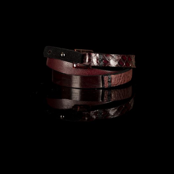Burgundy leather choker with python texture and layered wrap strap design