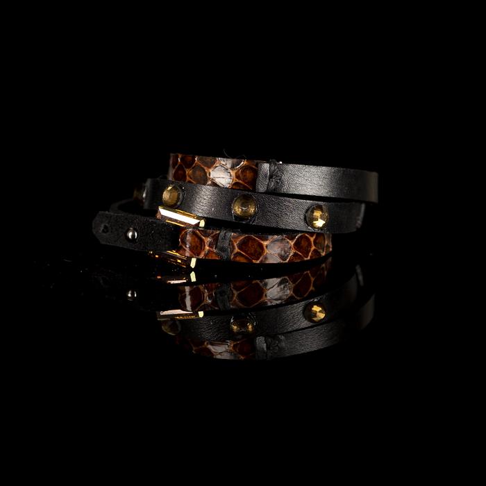 Layered black leather choker with brown python texture and crystal stud detailing