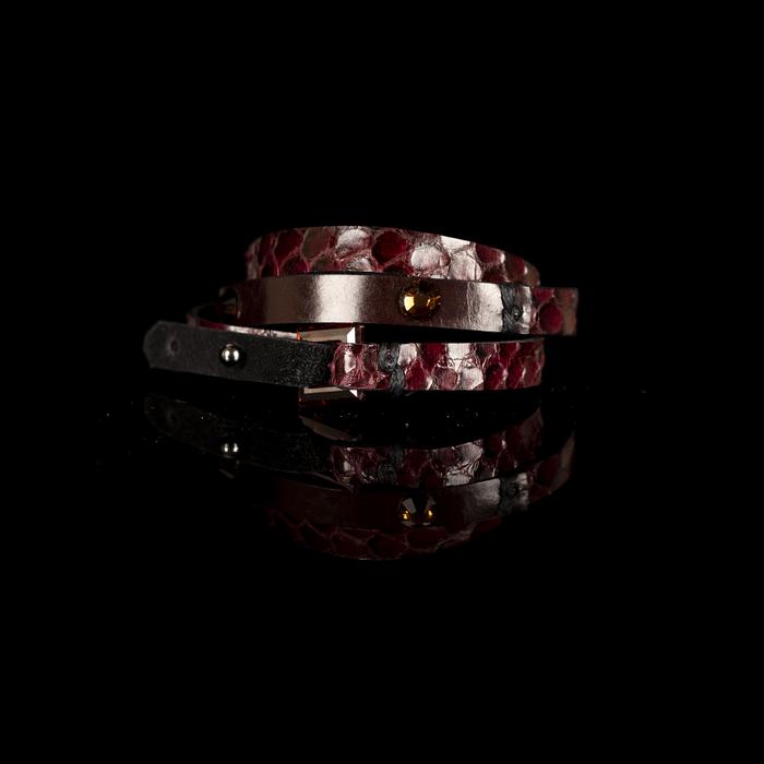 Burgundy Python Layered Choker Multi Strap Leather Collar with Crystal Accent