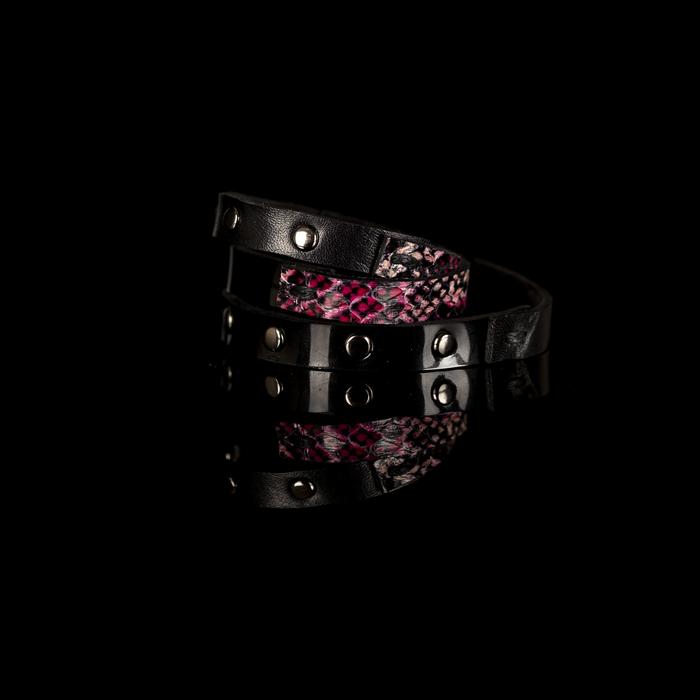 Black leather layered choker with pink python texture and metal stud detailing