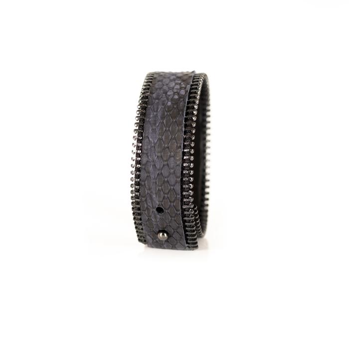 Gray python leather wide cuff bracelet with gunmetal stitched edge detail, handmade exotic leather statement bracelet for women by THE DARK