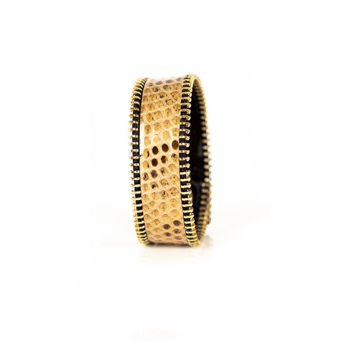 Golden python leather wide cuff bracelet with gold stitched edge detail, handmade exotic leather statement bracelet for women by THE DARK