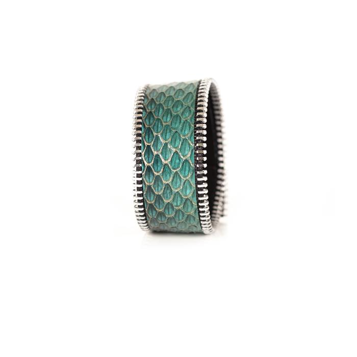 Turquoise python leather wide cuff bracelet with silver stitched edge detail, handmade exotic leather statement bracelet for women by THE DARK