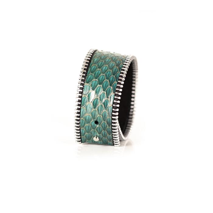 Turquoise python leather wide cuff bracelet with silver stitched edge detail, handmade exotic leather statement bracelet for women by THE DARK