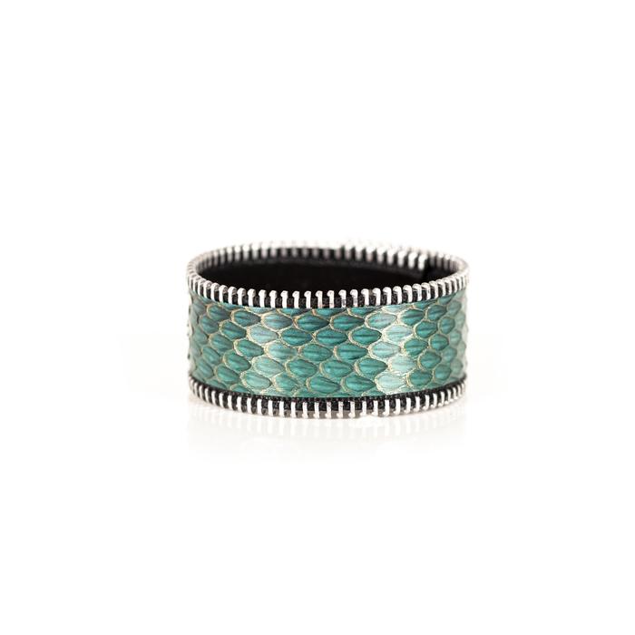 Turquoise python leather wide cuff bracelet with silver stitched edge detail, handmade exotic leather statement bracelet for women by THE DARK