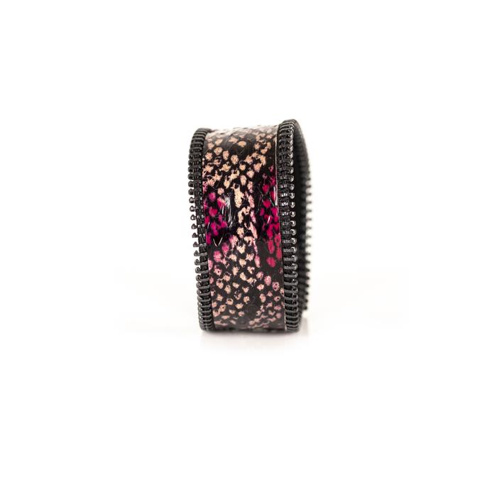 Pink python leather wide cuff bracelet with gunmetal stitched edge detail, handmade exotic leather statement bracelet for women by THE DARK