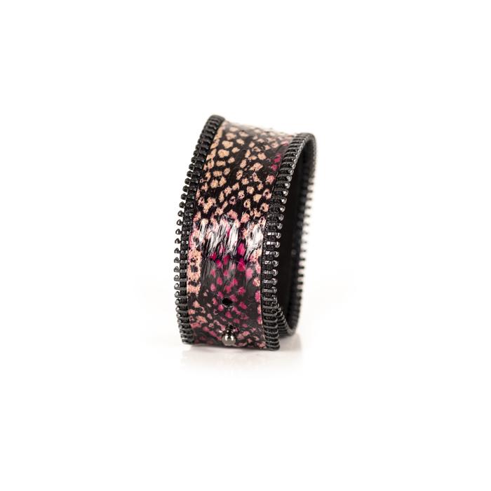 Pink python leather wide cuff bracelet with gunmetal stitched edge detail, handmade exotic leather statement bracelet for women by THE DARK