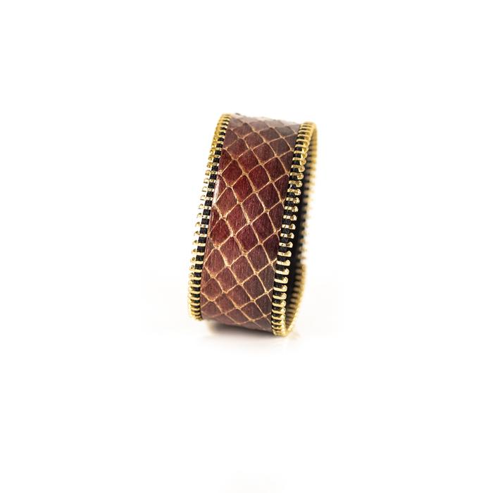 Rust python leather wide cuff bracelet with gold stitched edge detail, handmade exotic leather statement bracelet for women by THE DARK


