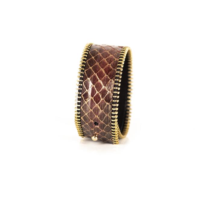 Rust python leather wide cuff bracelet with gold stitched edge detail, handmade exotic leather statement bracelet for women by THE DARK