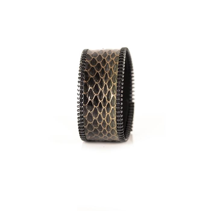 Smoky python leather wide cuff bracelet with gunmetal stitched edge detail, handmade exotic leather statement bracelet for women by THE DARK