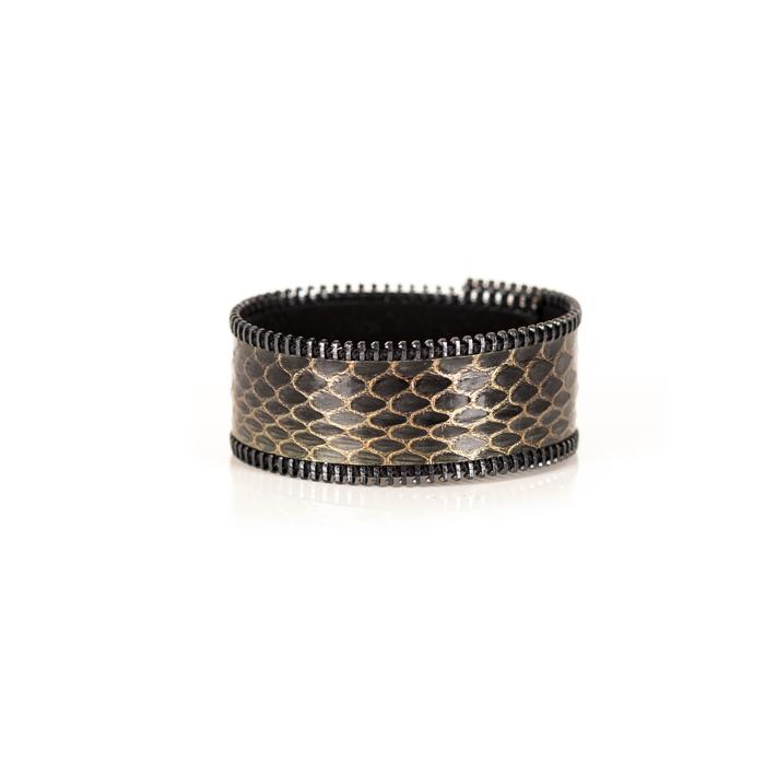 Smoky python leather wide cuff bracelet with gunmetal stitched edge detail, handmade exotic leather statement bracelet for women by THE DARK