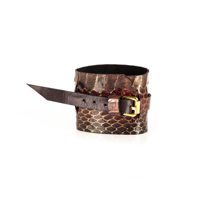 Brown python leather layered cuff bracelet with dark leather band, handmade exotic leather bracelet by THE DARK