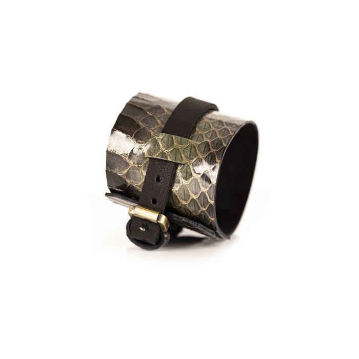 Silver python leather layered cuff bracelet with dark leather band, handmade exotic leather bracelet by THE DARK