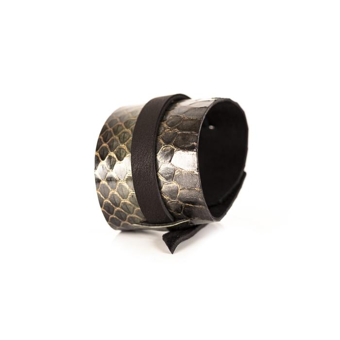 Silver python leather layered cuff bracelet with dark leather band, handmade exotic leather bracelet by THE DARK