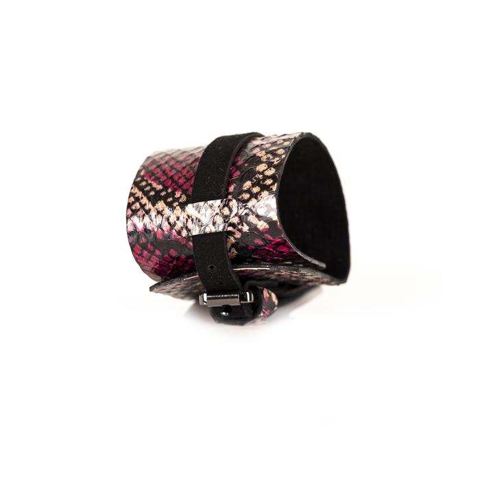 Fuchsia pink python leather cuff bracelet with black leather center band, handmade exotic leather statement bracelet by THE DARK
