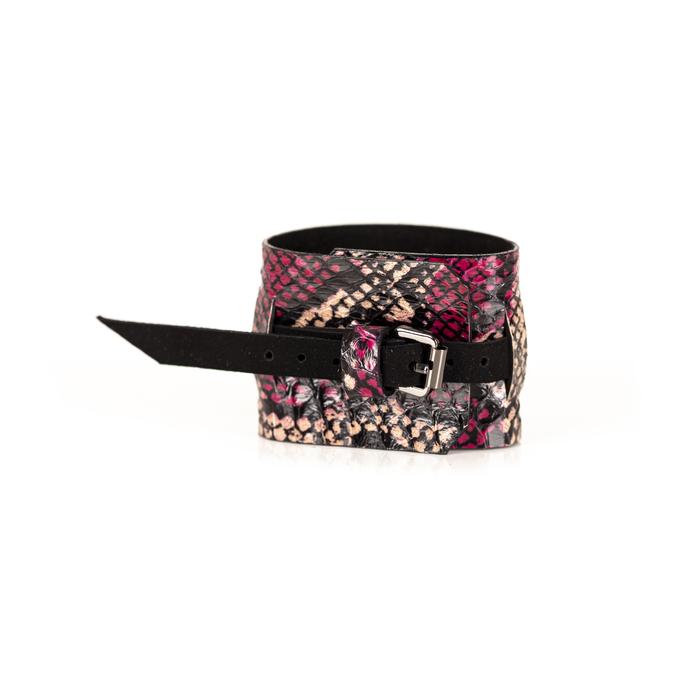 Fuchsia pink python leather cuff bracelet with black leather center band, handmade exotic leather statement bracelet by THE DARK