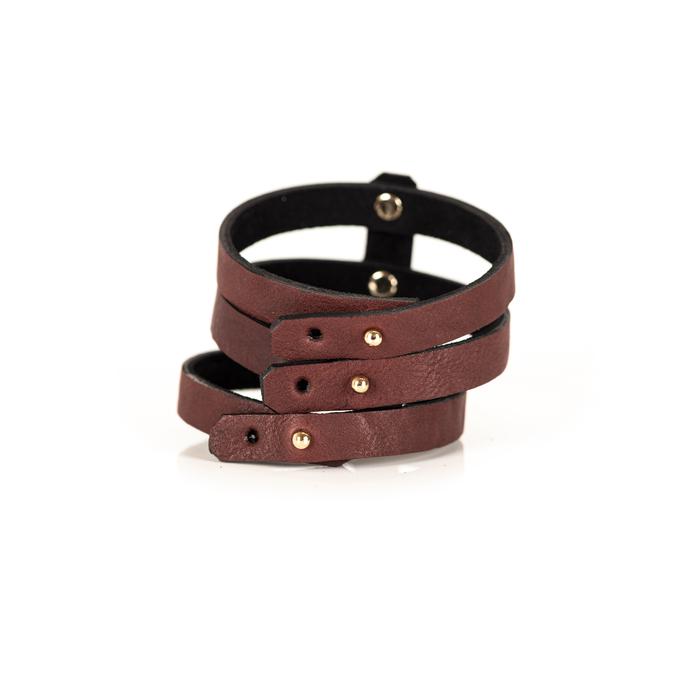 Triple strap brown leather cuff bracelet with python leather accent and gold rivets, handmade leather statement bracelet by THE DARK
