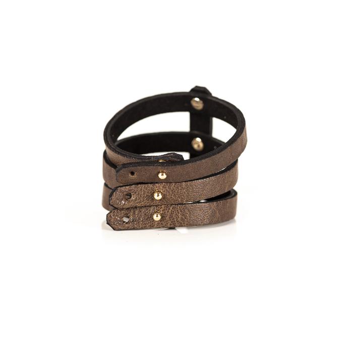 Triple strap brown leather cuff bracelet with gold rivets, handmade minimalist leather statement bracelet by THE DARK