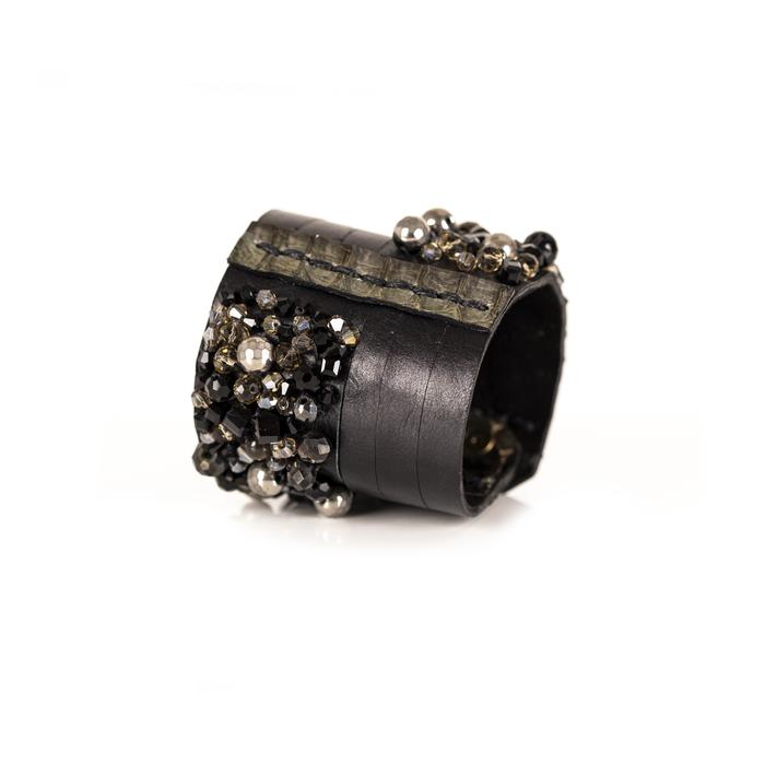 Black leather cuff bracelet with python leather detail and crystal bead embellishments, handmade statement bracelet by THE DARK